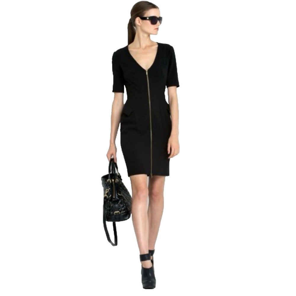 BCBGMaxAzria Dress 4 Small Black V Neck Front Zip Short Sleeve Career $238